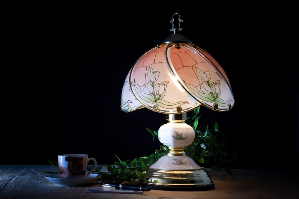 table lamp, coffee, workplace